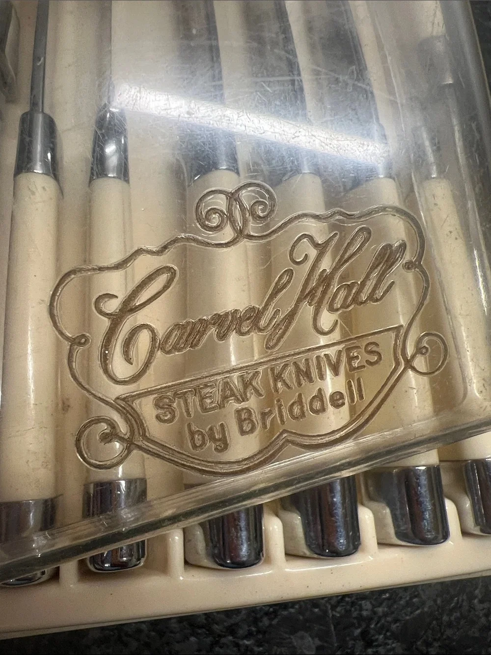 Vintage set 8 Ivory & Chrome Steak knife Set with Tray - Carvel Hall by Briddell